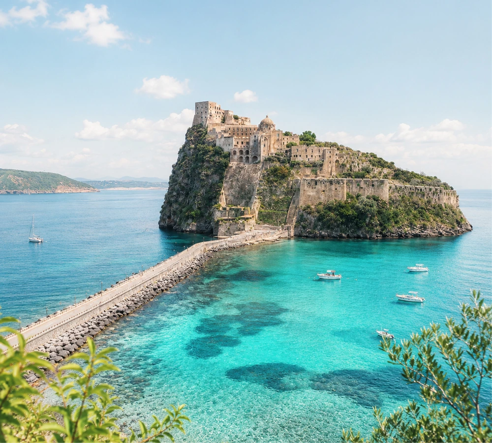 Veduta panoramica del Castello Aragonese e della costa di Ischia
